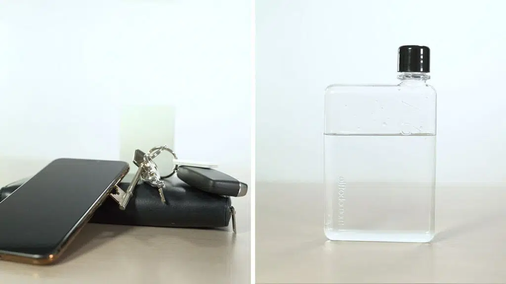 Keys, wallet, phone, water bottle